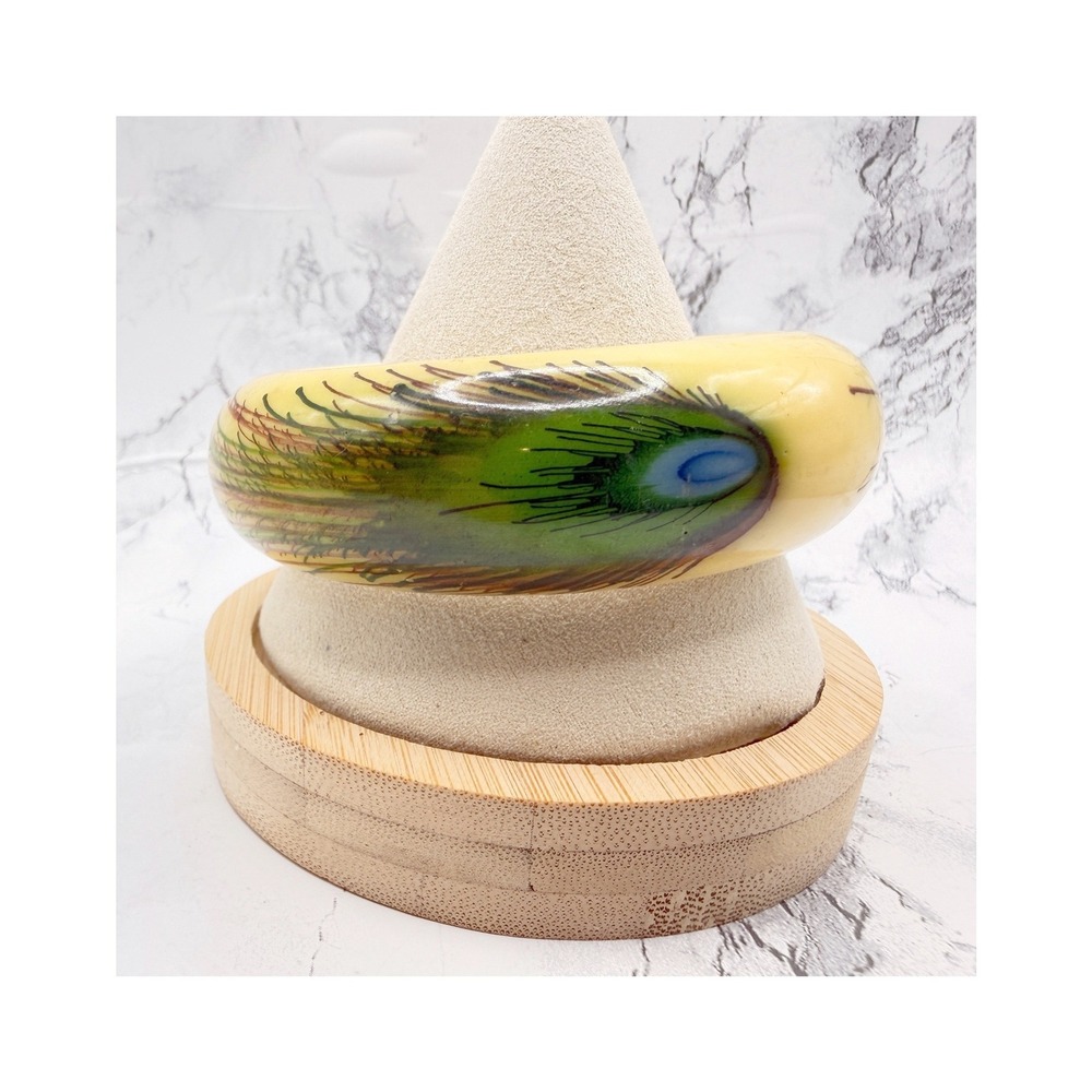 Peacock Feather Design Resin Bangle Bracelet Green Cream Blue Chunky Statement